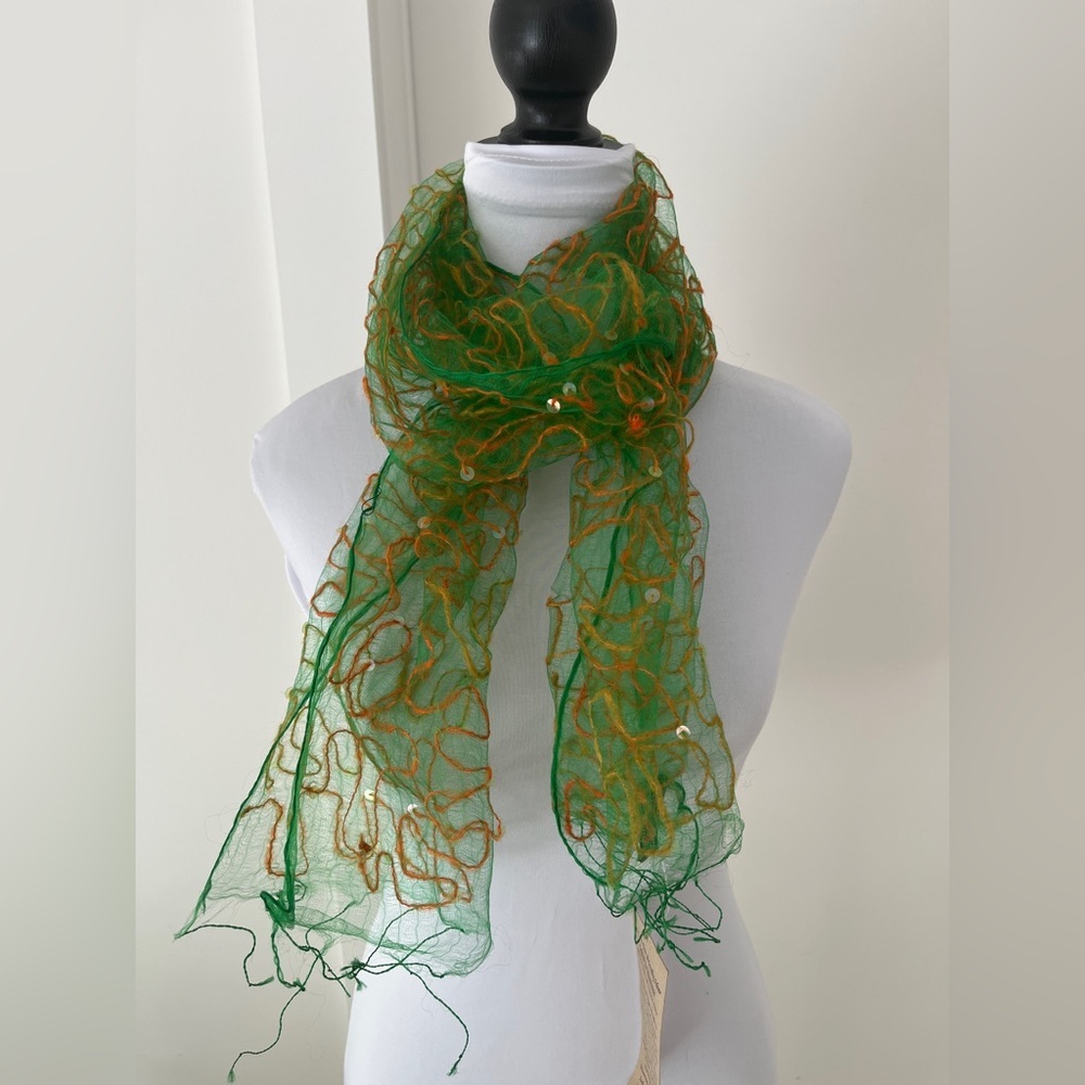 FLEURS Sheer Green Silk Scarf Orange Abstract Thread Lightweight Delicate NWT
